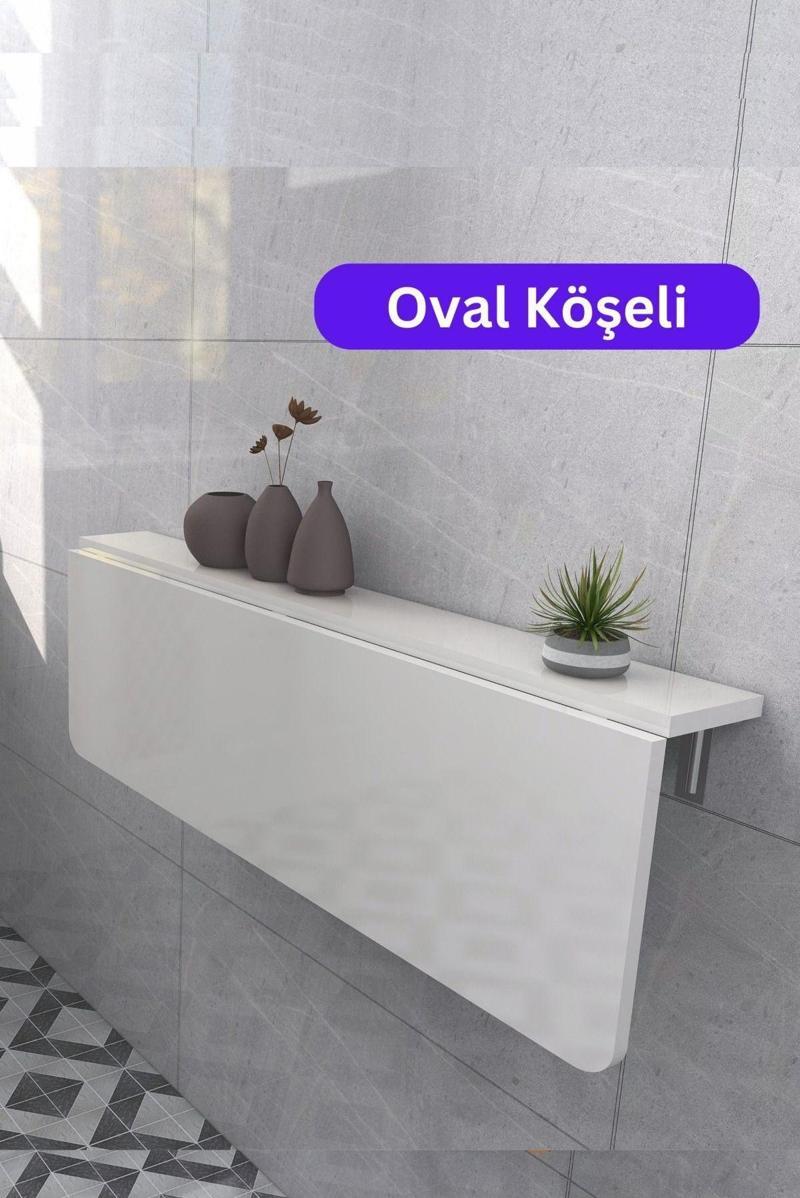 140X60 Cm Oval Köşeli Mat Beyaz Sabit Raflı Duvara Monte Kırma Katlanır Yemek Masası