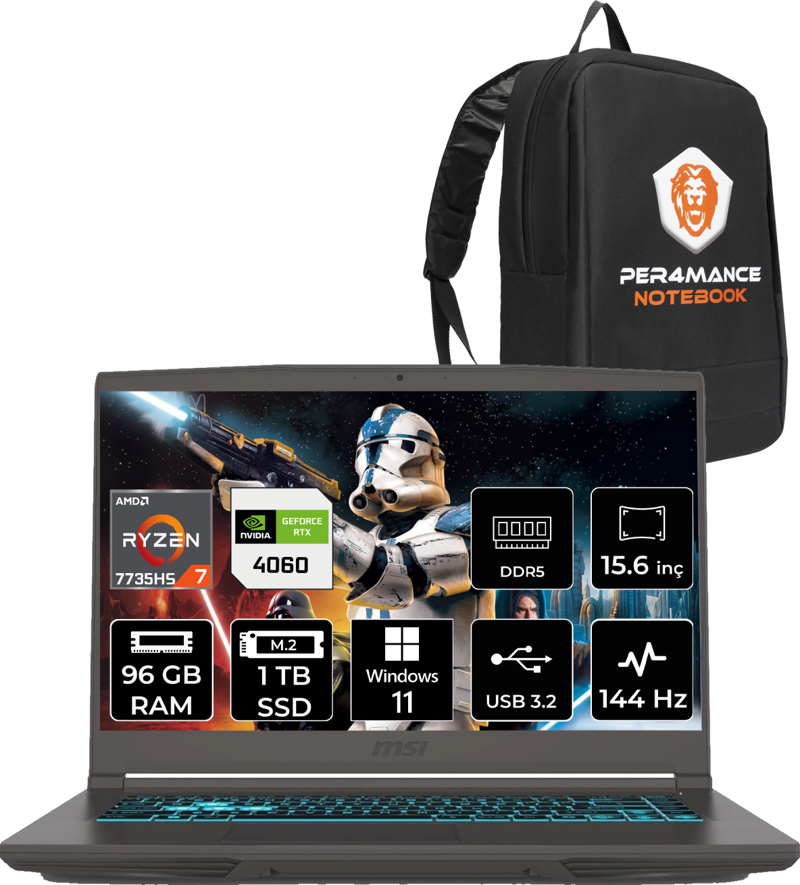 Thin A15 AMD Ryzen 7 7735HS 96GB 1TB SSD 15.6" FHD 144Hz W11H Bilgisayar B7VF-075XTR & PER4 ÇANTA B7VF075XTRP378