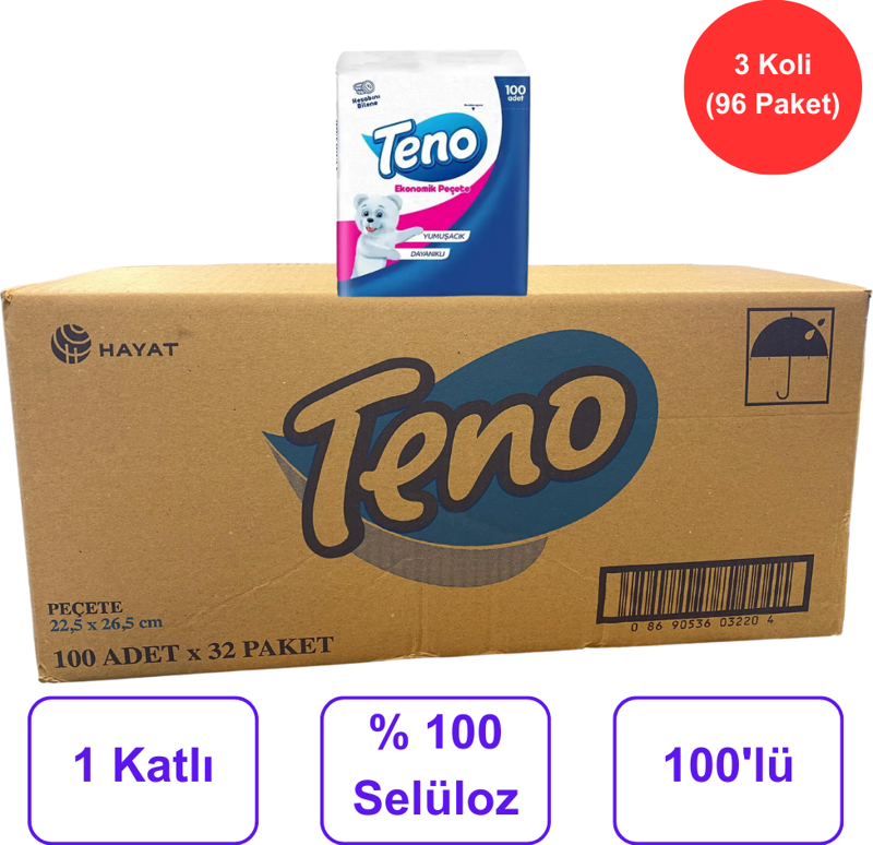 Peçete 22,5 cm. x 26,5 cm. % 100 Selüloz 3 Koli (96 Paket) (50001458)