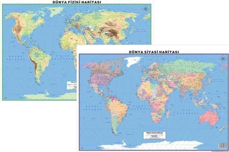 Dünya Fiziki Haritası Ve Dünya Siyasi Haritası Çift Taraflı 50x70 Cm