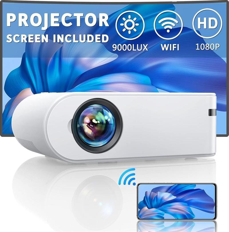 Ekranlı Mini Projektör, 1080P Full HD 9000L Açık Hava Film Projektörü