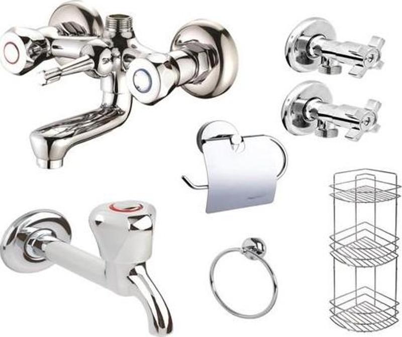 Klasik Banyo Batarya Seti Banyo Musluk Taharet Wc Kağıtlık Havluluk Üçlü Süngerlik