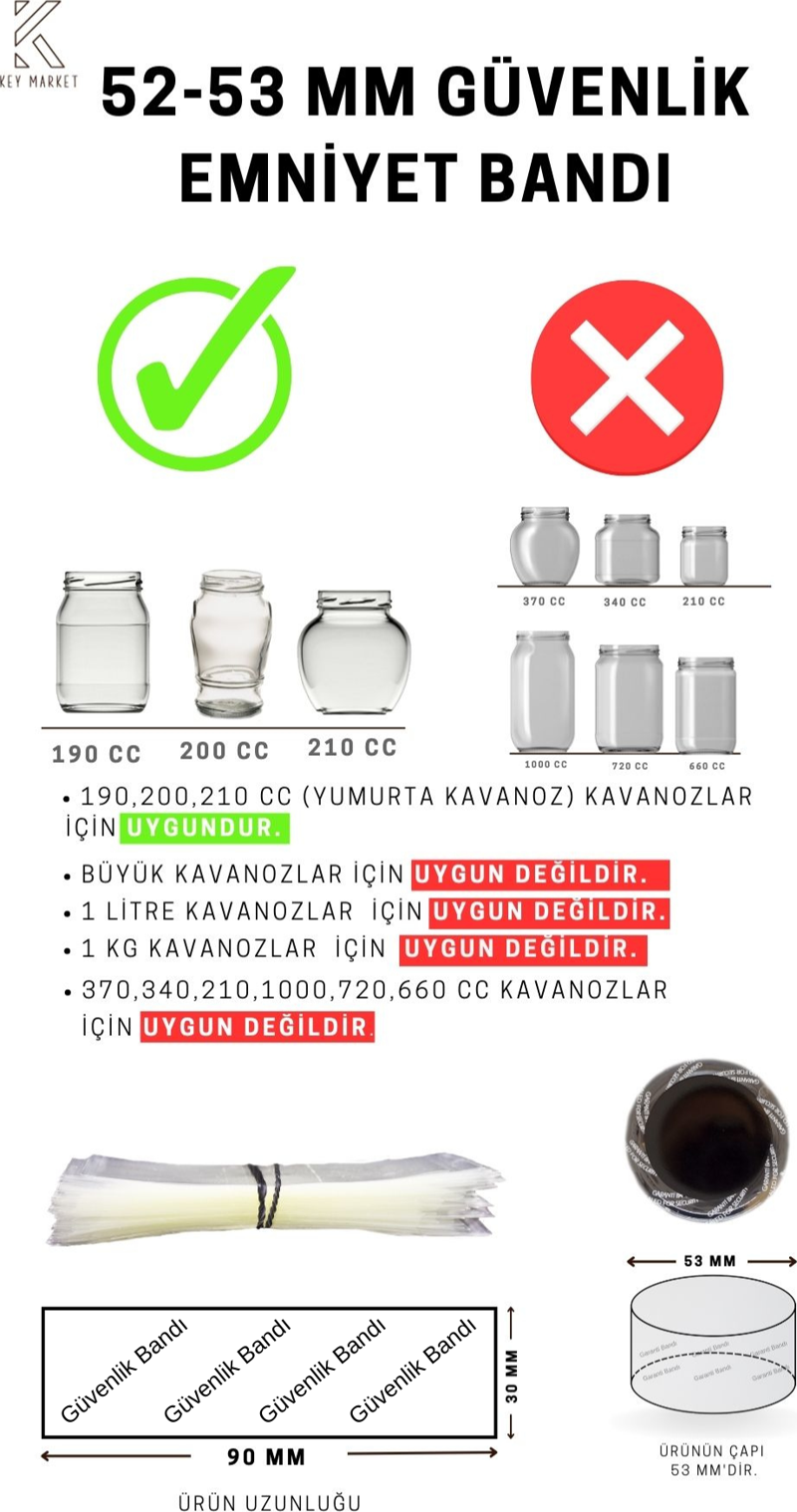 Standart Kavanoz Güvenlik Emniyet Bandı 100 Adet, 52-53mm Ağız Çapına Uygun,90x30mm Boyut, Baskılı
