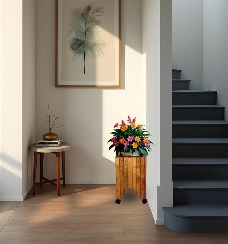 Dekoratif Ahşap Saksılık Çiçeklik Ahşap Saksı Altlığı 30x30x45 cm Tekerlekli Saksı Sehpası