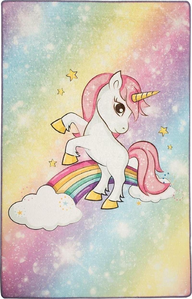 5 Mm Ince Keçe Kaymaz Tabanlı Dekoratif Bebek Çocuk Odası Halısı Gökkuşağı Ve Unicorn At