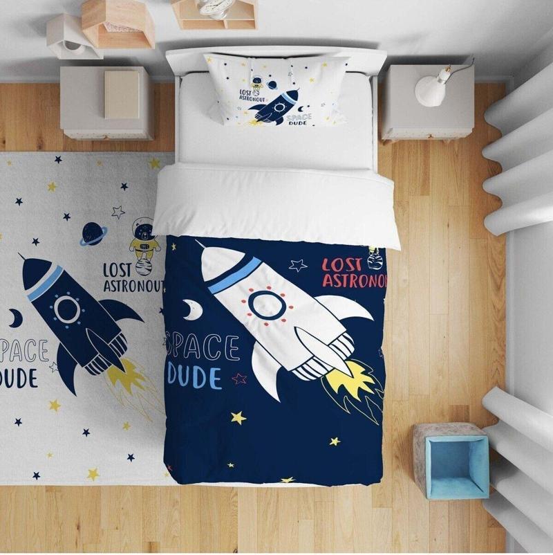 140x220 Çocuk Yatak Örtüsü Hediye Yastık Kılıfı Astronot Uzay Roket