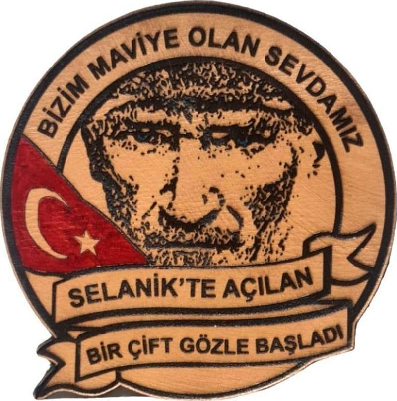 ATATÜRK Deri PEÇ BİZİM MAVİYE OLAN SEVDAMIZ- Arma - Kırmızı Bayrak MAvi Göz