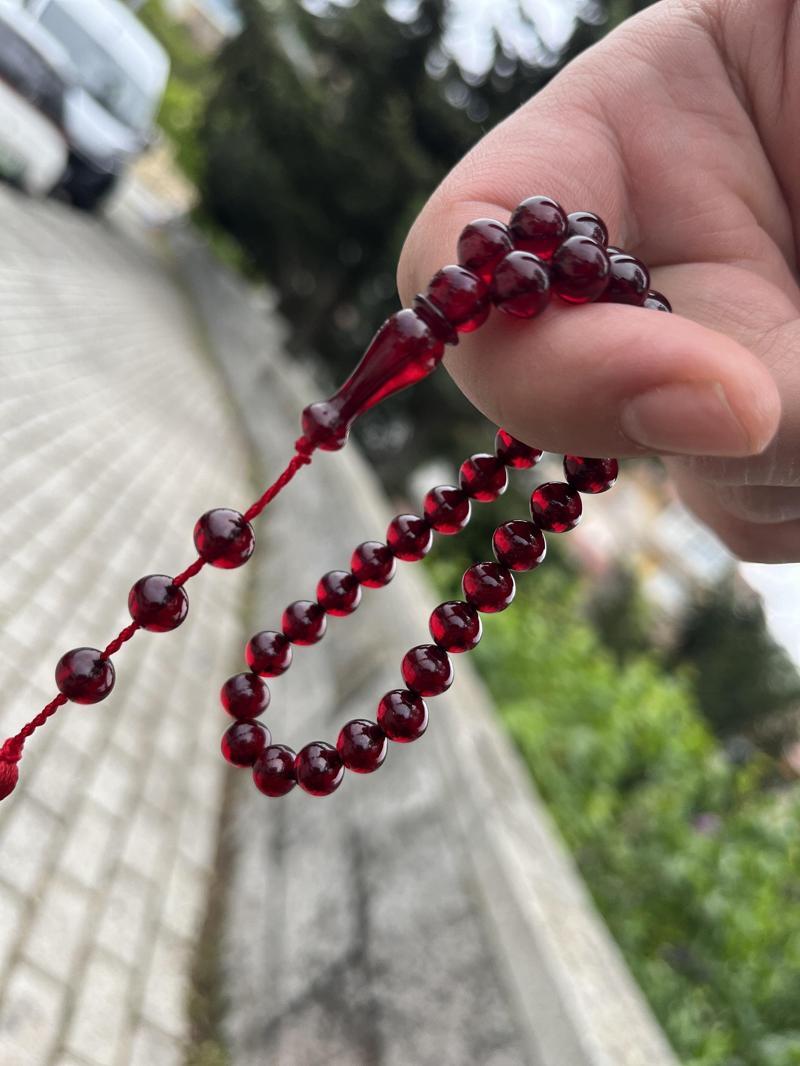 Sıkma Kehribar Tesbih Bordo Beyzi Model 33 Tane Osmanlı Saçak Püskül 25,5 cm 6x7mm SK01040.060523