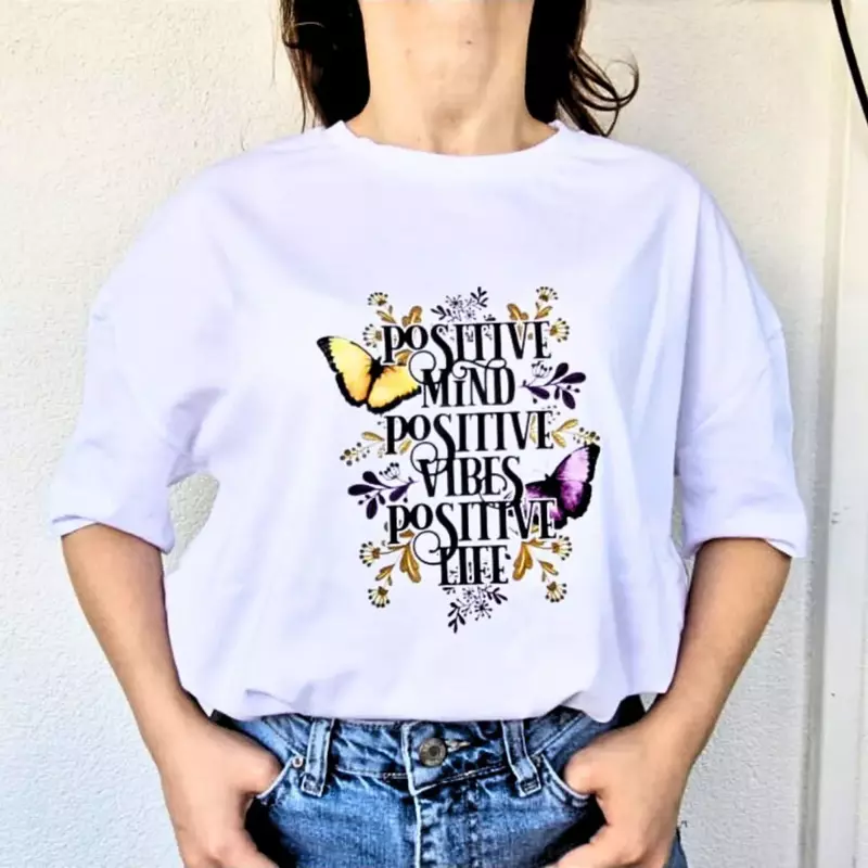 Baskı Beyaz Pamuklu Yazı Motto Baskılı Oversize Kısa Kollu Tshirt