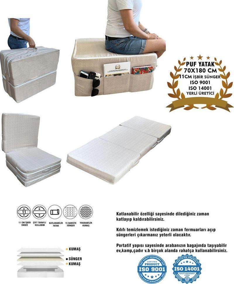 Ultra Kalın 11 Cm Katlanır Sünger Yatak, Puf Yatak, Puf Olabilen Yatak 70X180X11 Cm-Krem