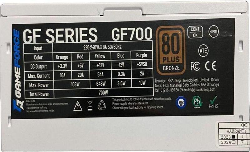 Gf700 Beyaz 700W 80+ Bronz Sertifikalı Güç Kaynağı