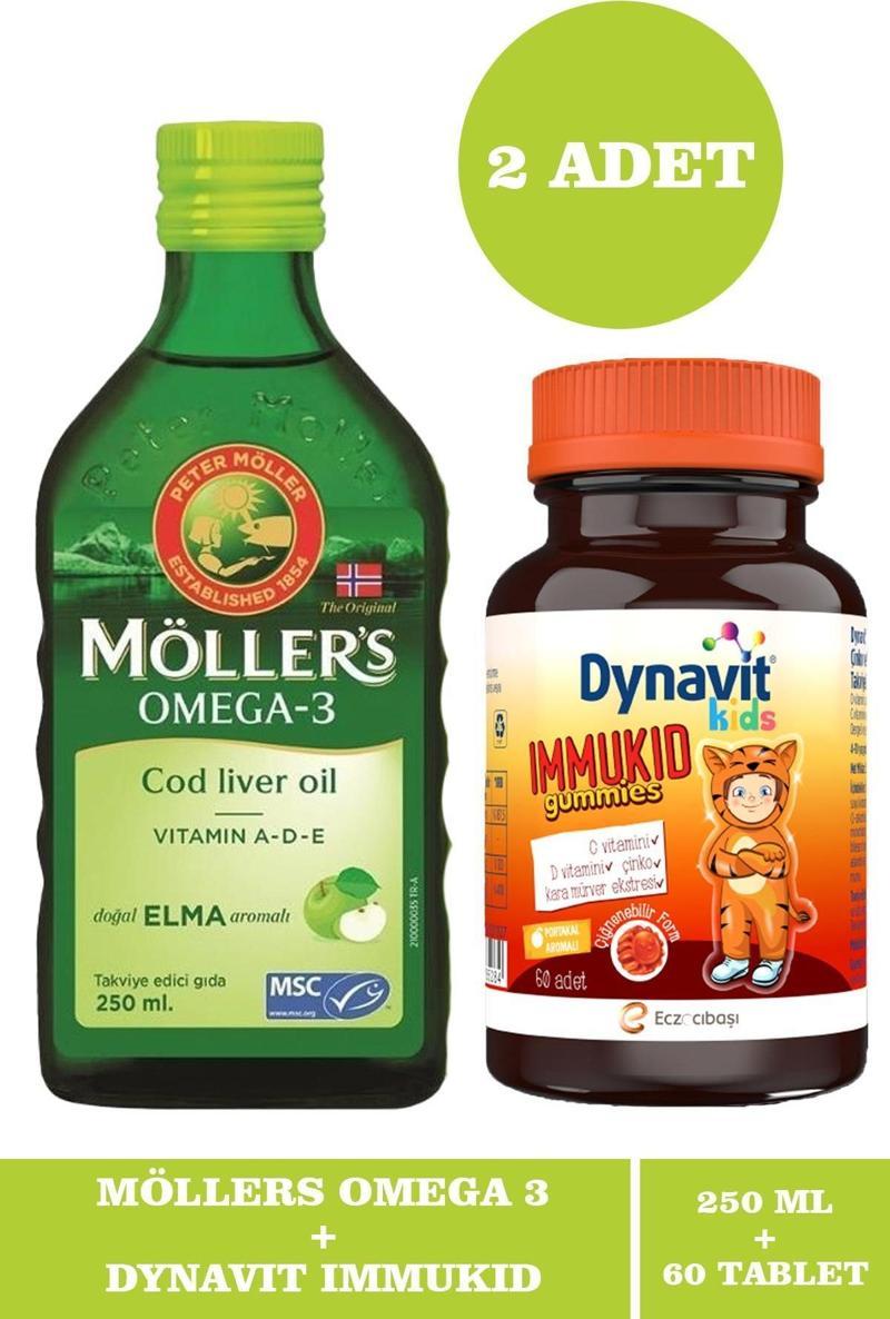 Omega 3 Doğal Elma Aromalı Balık Yağı Şurubu 250 ml + Dynavit Kids Immukid 60 Gummies