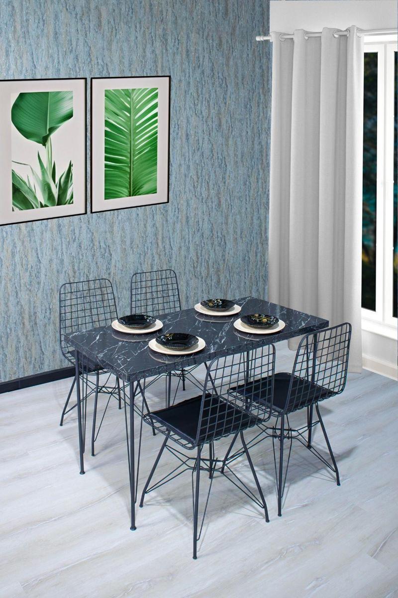 Ebru 120X60 Yemek Masa Sandalye Takımı 4 Kişilik Telli Sandalye Salon Balkon Cafe Takım -Siyahmermer