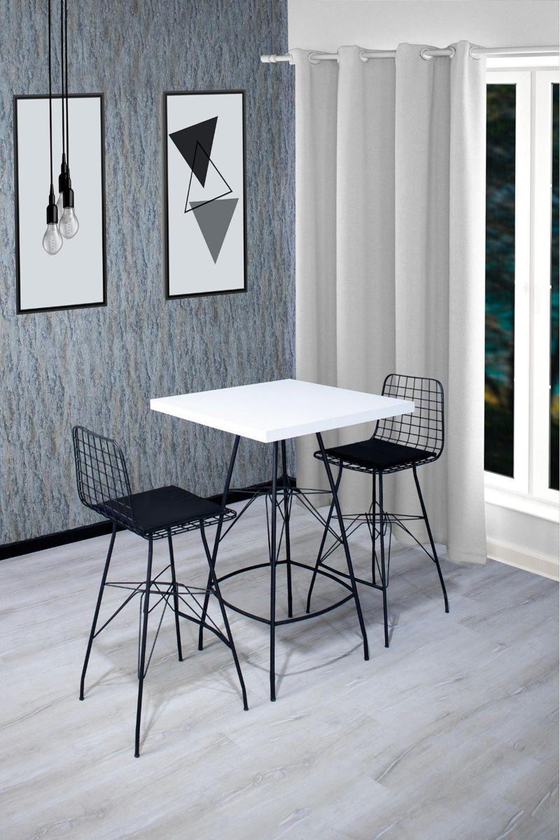 Ecrin 70X70 Kare Mutfak Yemek Masası 2 Kişilik Tel Bar Sandalyesi Cafe Balkon Masa - Beyaz