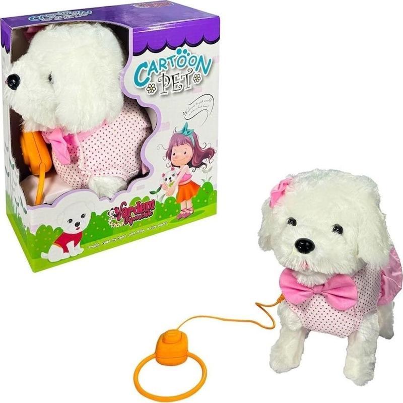 PFT-B025 Peluş Tasmalı Yürüyen Pembe Fiyonklu Köpek -Vardem