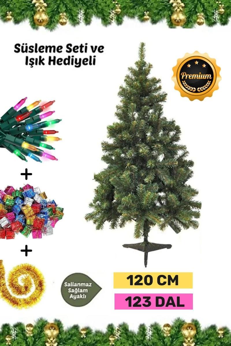 Premium Kutu Süsleme Seti Yılbaşı Çam Ağacı Renkli Işığı Yeni Yıl Süsleri Noel Paketi 120 Cm 123 Dal