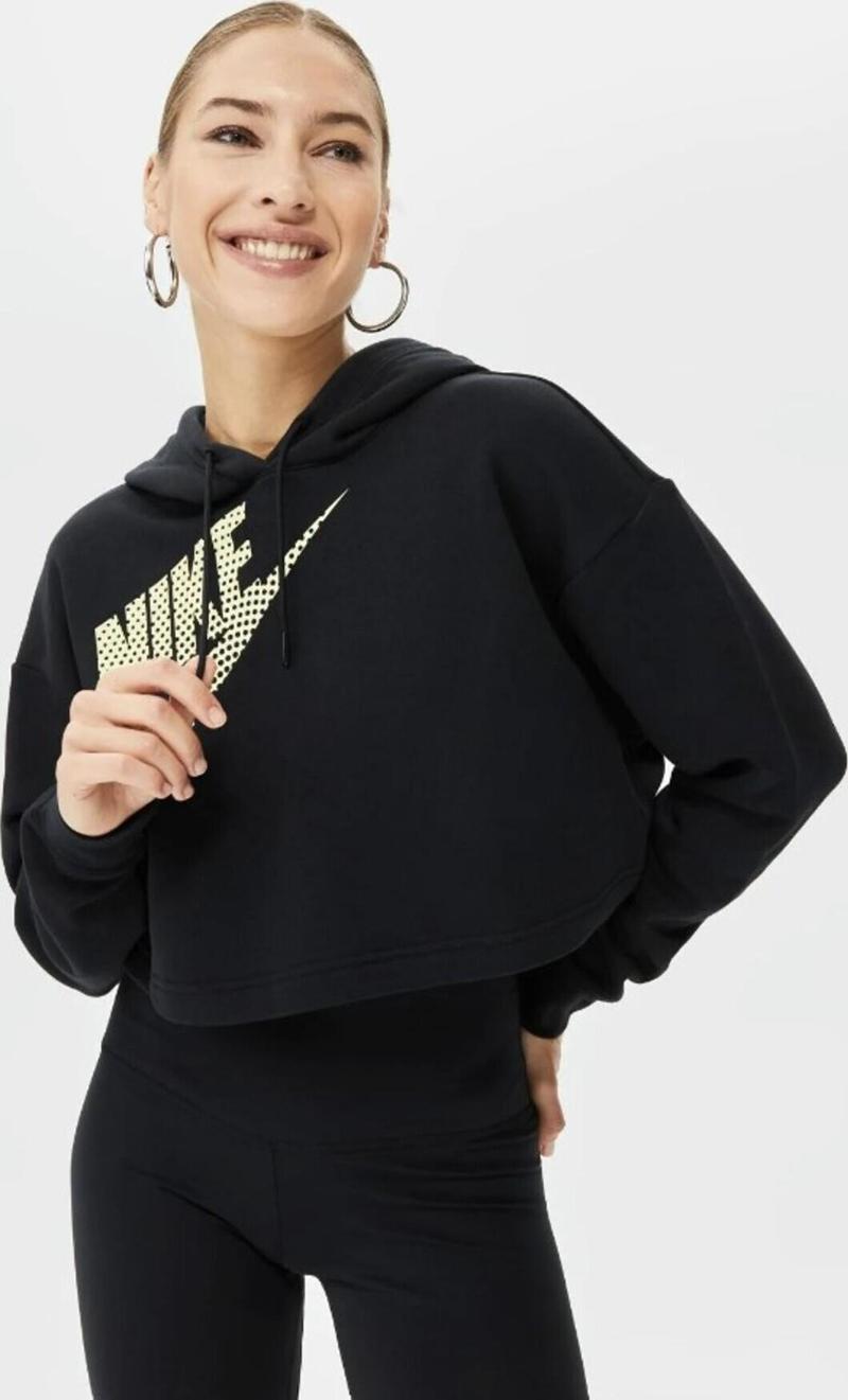 Sportswear Fleece Crop Kadın Siyah Sweatshirt bol kesim