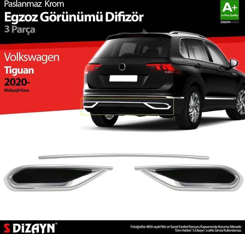 VW Tiguan Krom Egzoz Görünümü Difüzör 3 Parça 2020-2024 A+Kalite