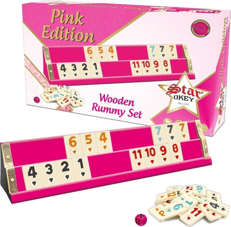 Lüx Pembe Renk Istaka Okey Takımı Seti Ahşap Pink Edition Wooden Rummy Set Elit Model Melamın Taşlı