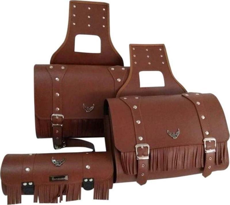 Motosiklet Deri Yan Ve Sosis Çanta 3'Lü Set Takım Chopper Kahverengi Model Motor Çantası
