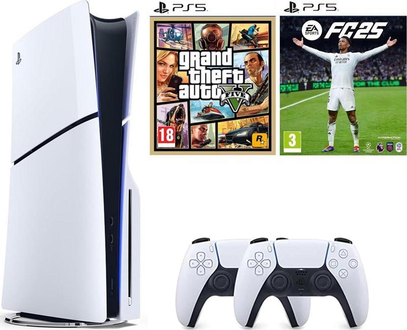 PlayStation 5 1 TB Slim CD Edition Oyun Konsolu + 2. PS5 Kol + PS5 GTA 5 + PS5 FİFA 25 Oyunu