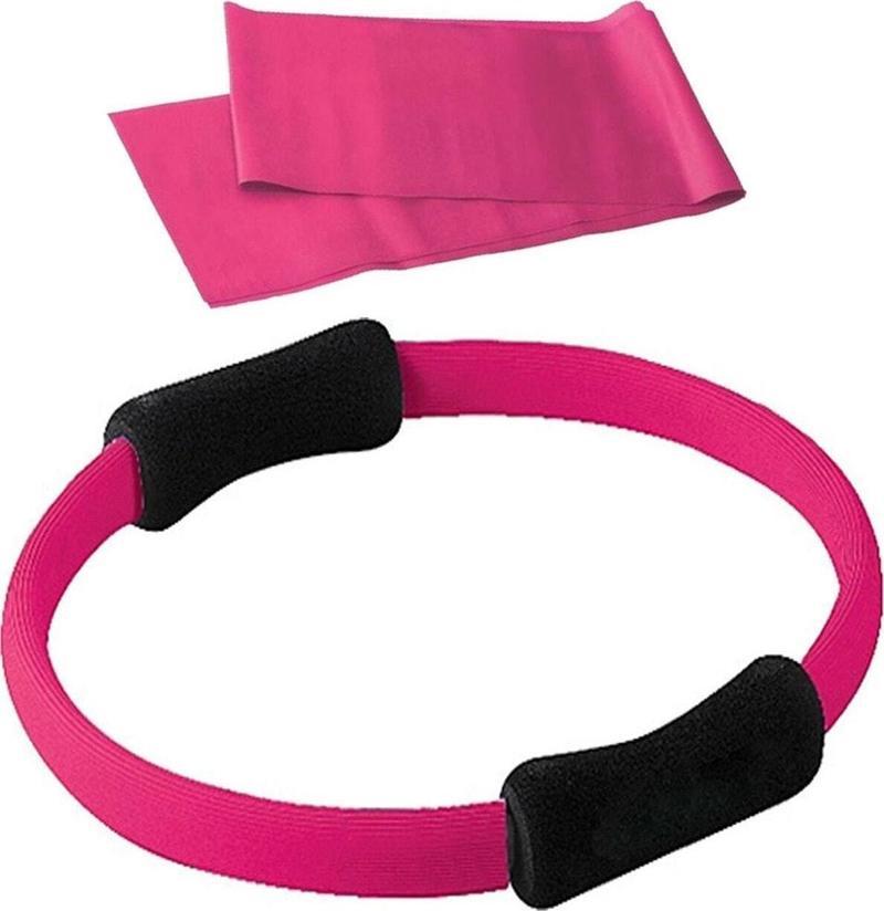 Unisex Pembe Fiberglas Pilates Çemberi 38 Cm Pilates Bandı 90X7.5 Cm