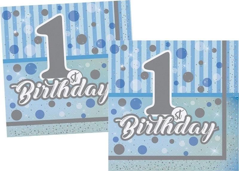 THB5121 Balonevi, Pırıltılı 1st Birthday Erkek, Kağıt Peçete 16 adet 33x33 cm