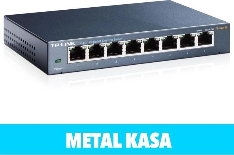 TP-LINK TL-SG108, 8 Port, GigaBit, Metal Kasa, Yönetilemez, Masaüstü Switch