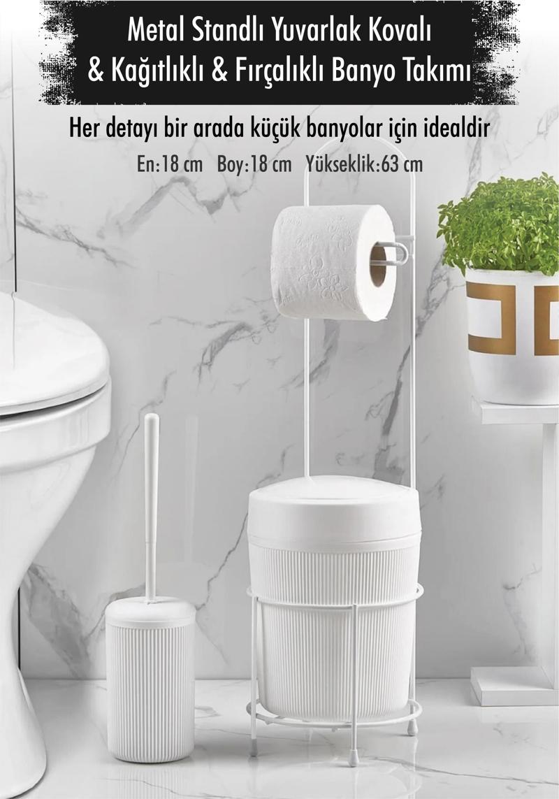 Metal Standlı Yuvarlak Kovalı & Kağıtlıklı & Fırçalıklı Beyaz Banyo Takımı