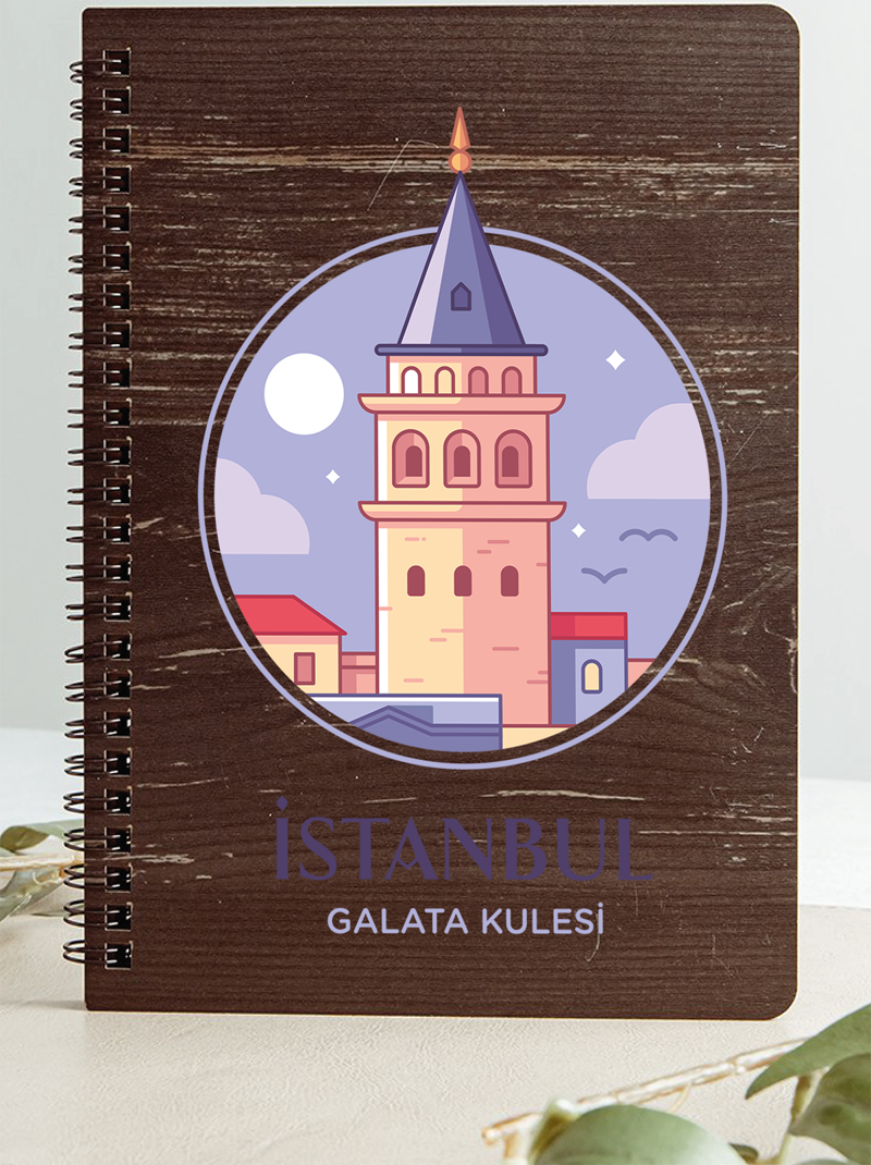 İstanbul Galata Kulesi Şehir Tasarım Ahşap Kapaklı Defter Kraft Kağıt Özel Tasarım Hediye