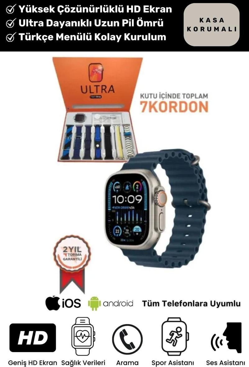 Ultra 7 in 1 Strap Bluetooth Arama Yanıtlama Bildirim Kasa Koruma Akıllı Saat + 7 Renkli Kordon