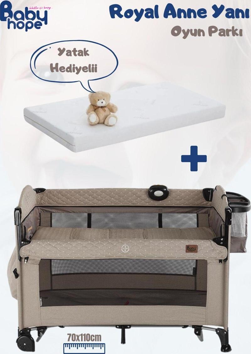 Royal Anne Yanı Oyun Parkı Beşik 70X110 Cm Yatak Hediyeli Bej