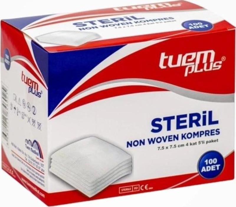 Tuemplus Nonwoven Steril Gaz Kompres 7,5x7,5 4 Kat 100lü Kutu