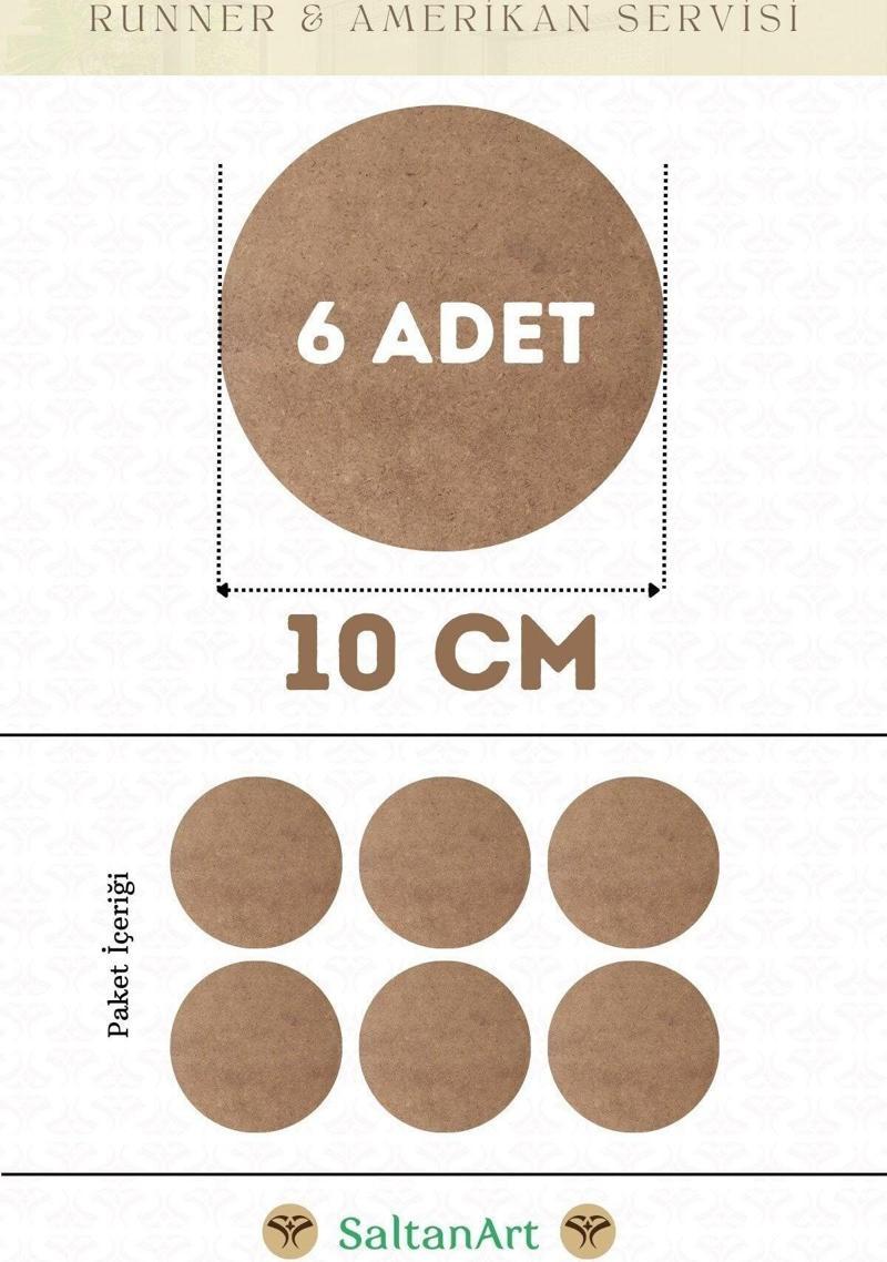 10 cm Çap 6 Adet Supla Amerikan Servis Runner MDF Duralit Magnet Altı Ahşap 3 mm (2,7 mm) Kalınlık