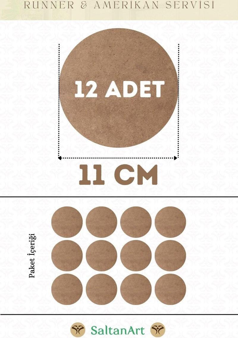 11 cm Çap 12 Adet Supla Amerikan Servis Runner MDF Duralit Magnet Altı Ahşap 3 mm (2,7 mm) Kalınlık