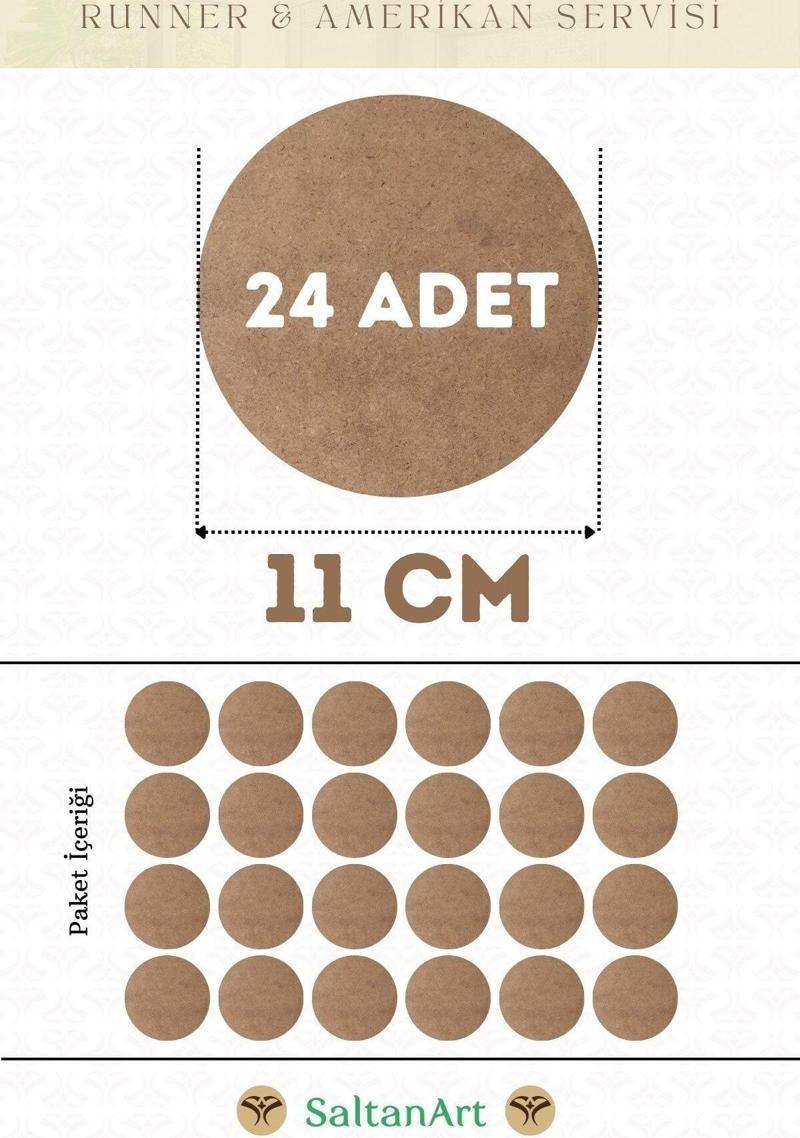 11 cm Çap 24 Adet Supla Amerikan Servis Runner MDF Duralit Magnet Altı Ahşap 3 mm (2,7 mm) Kalınlık