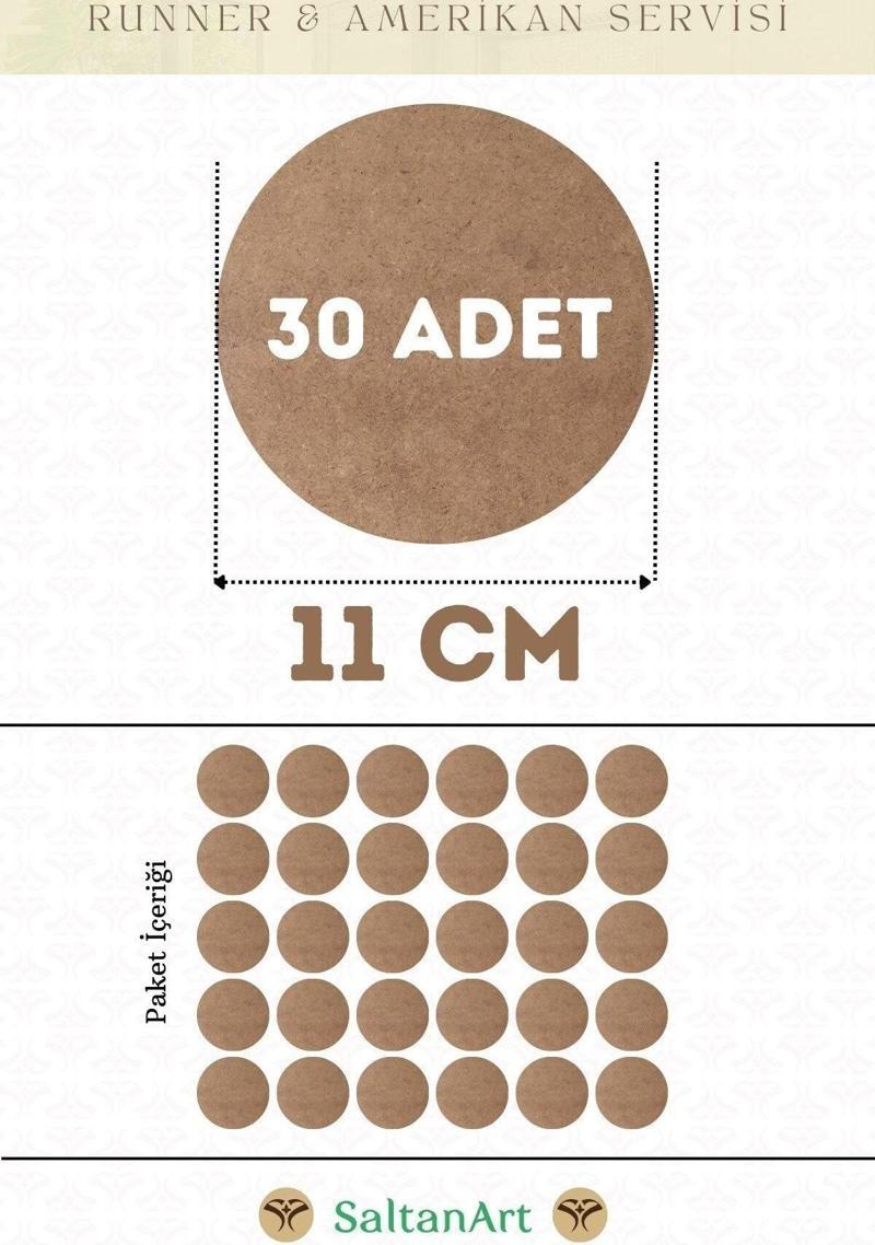 11 cm Çap 30 Adet Supla Amerikan Servis Runner MDF Duralit Magnet Altı Ahşap 3 mm (2,7 mm) Kalınlık