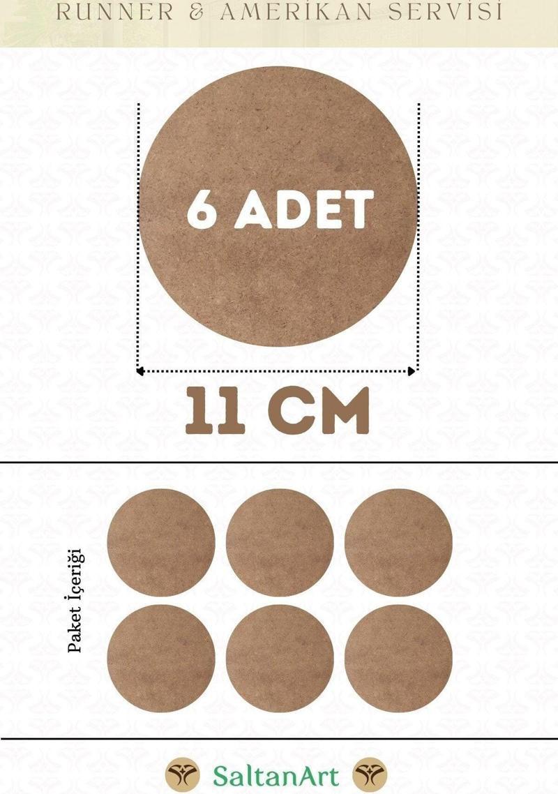 11 cm Çap 6 Adet Supla Amerikan Servis Runner MDF Duralit Magnet Altı Ahşap 3 mm (2,7 mm) Kalınlık