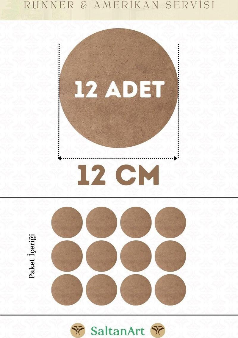 12 cm Çap 12 Adet Supla Amerikan Servis Runner MDF Duralit Magnet Altı Ahşap 3 mm (2,7 mm) Kalınlık