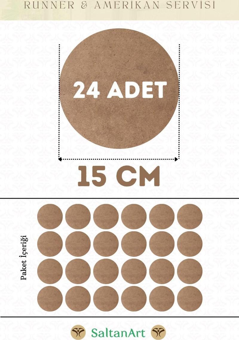 15 cm Çap 24 Adet Supla Amerikan Servis Runner MDF Duralit Magnet Altı Ahşap 3 mm (2,7 mm) Kalınlık