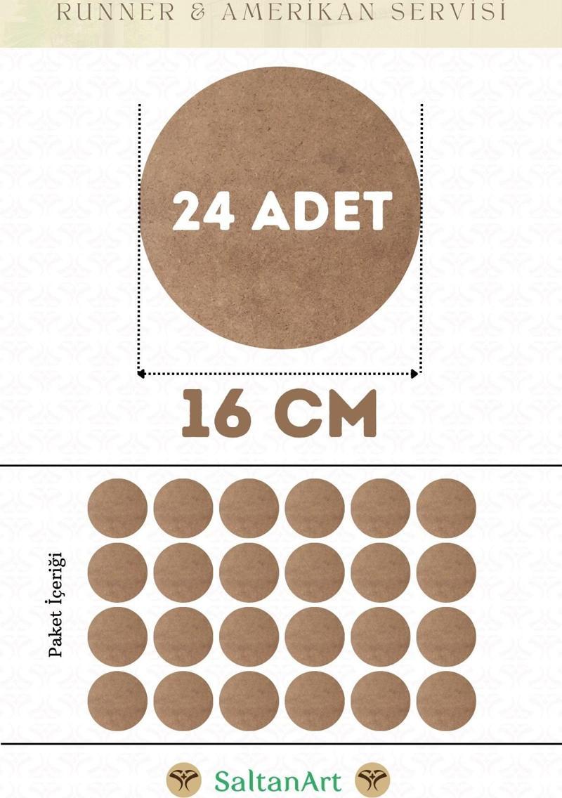 16 cm Çap 24 Adet Supla Amerikan Servis Runner MDF Duralit Magnet Altı Ahşap 3 mm (2,7 mm) Kalınlık