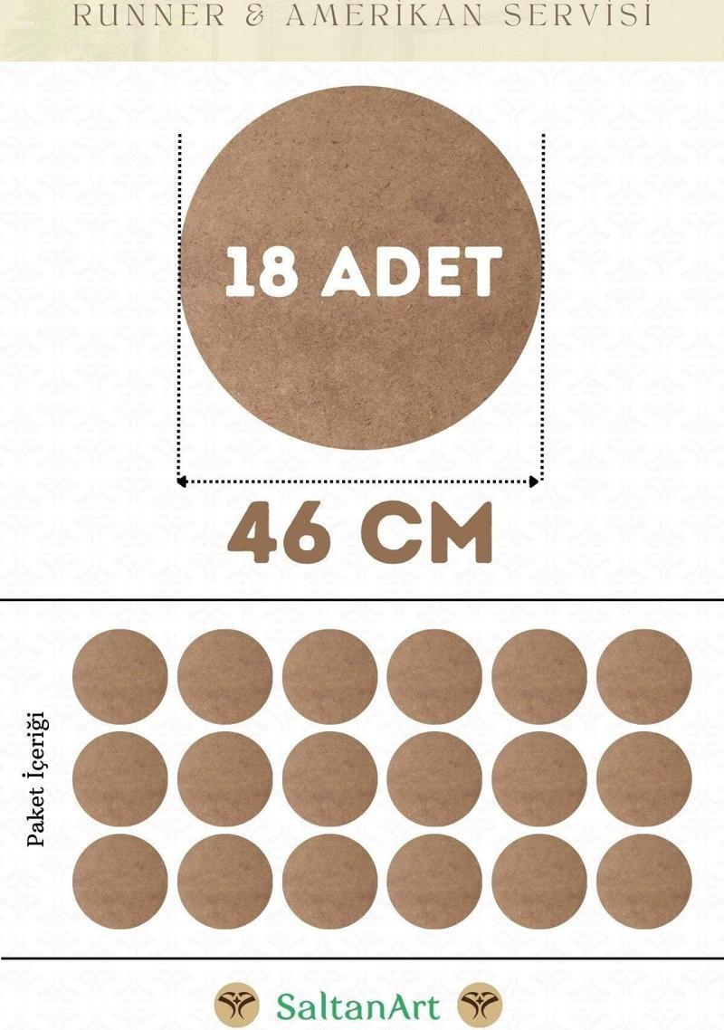 46 cm Çap 18 Adet Supla Amerikan Servis Runner MDF Duralit Magnet Altı Ahşap 3 mm (2,7 mm) Kalınlık