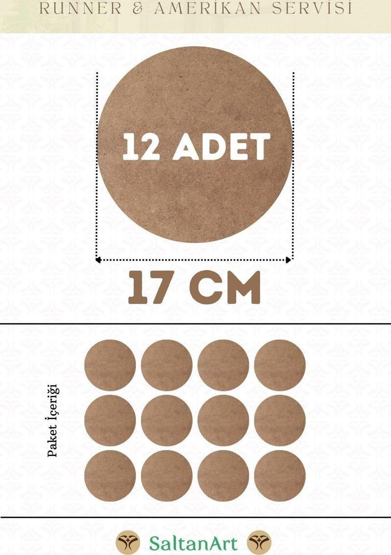 17 cm Çap 12 Adet Supla Amerikan Servis Runner MDF Duralit Magnet Altı Ahşap 3 mm (2,7 mm) Kalınlık