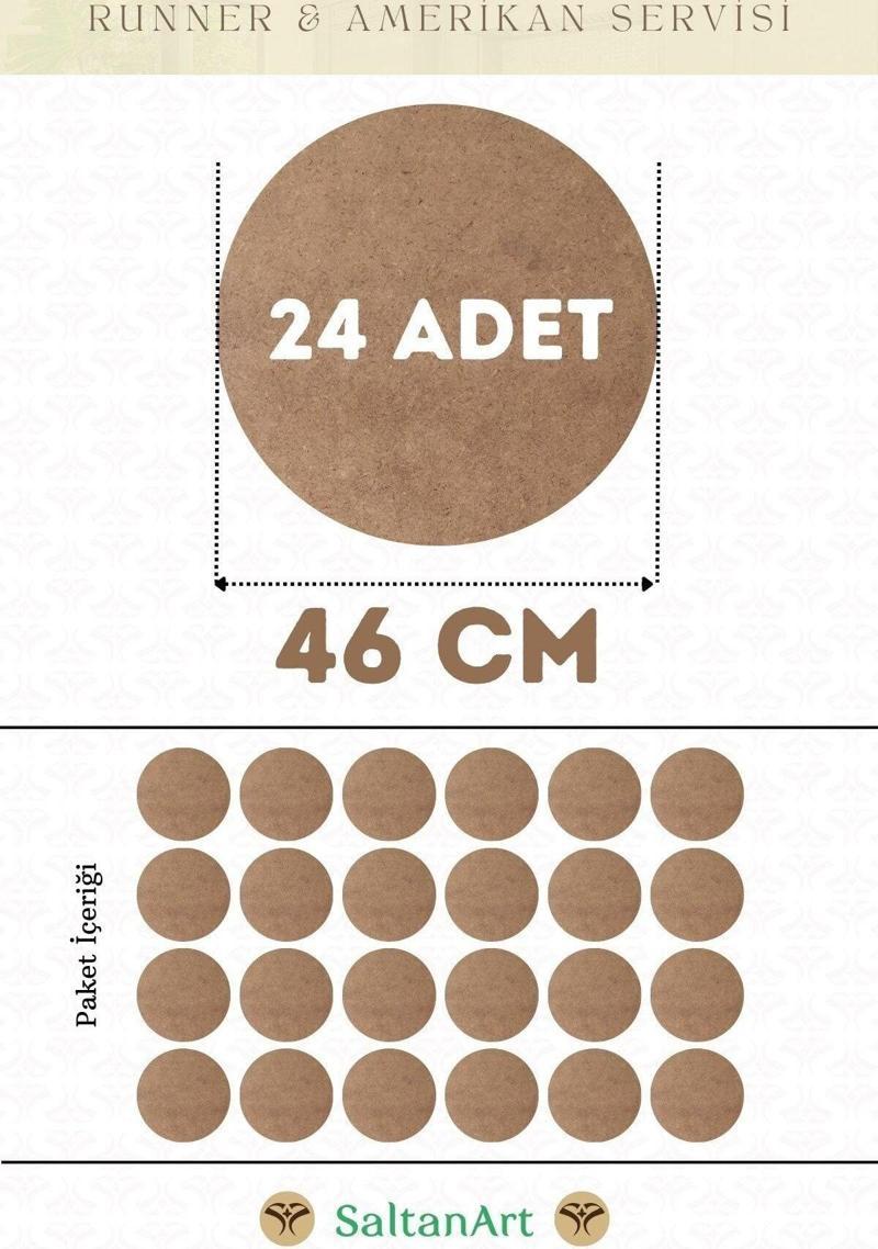 46 cm Çap 24 Adet Supla Amerikan Servis Runner MDF Duralit Magnet Altı Ahşap 3 mm (2,7 mm) Kalınlık