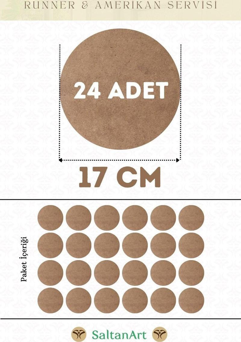 17 cm Çap 24 Adet Supla Amerikan Servis Runner MDF Duralit Magnet Altı Ahşap 3 mm (2,7 mm) Kalınlık