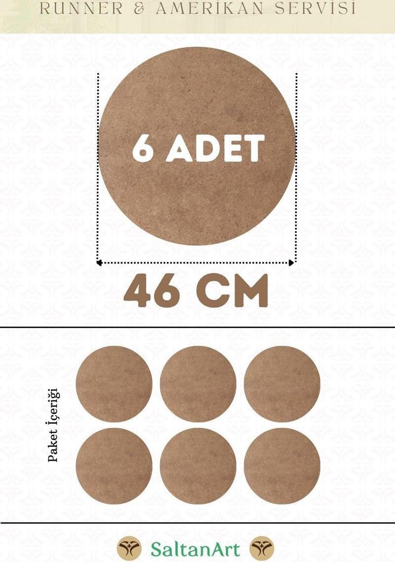 46 cm Çap 6 Adet Supla Amerikan Servis Runner MDF Duralit Magnet Altı Ahşap 3 mm (2,7 mm) Kalınlık