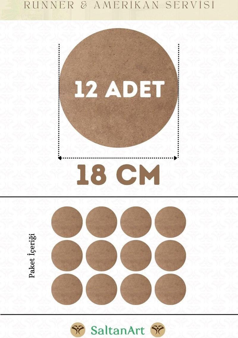 18 cm Çap 12 Adet Supla Amerikan Servis Runner MDF Duralit Magnet Altı Ahşap 3 mm (2,7 mm) Kalınlık