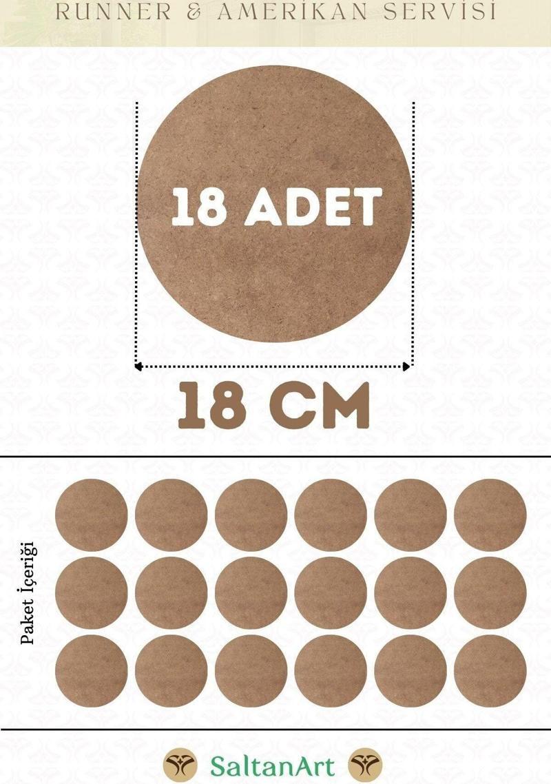 18 cm Çap 18 Adet Supla Amerikan Servis Runner MDF Duralit Magnet Altı Ahşap 3 mm (2,7 mm) Kalınlık