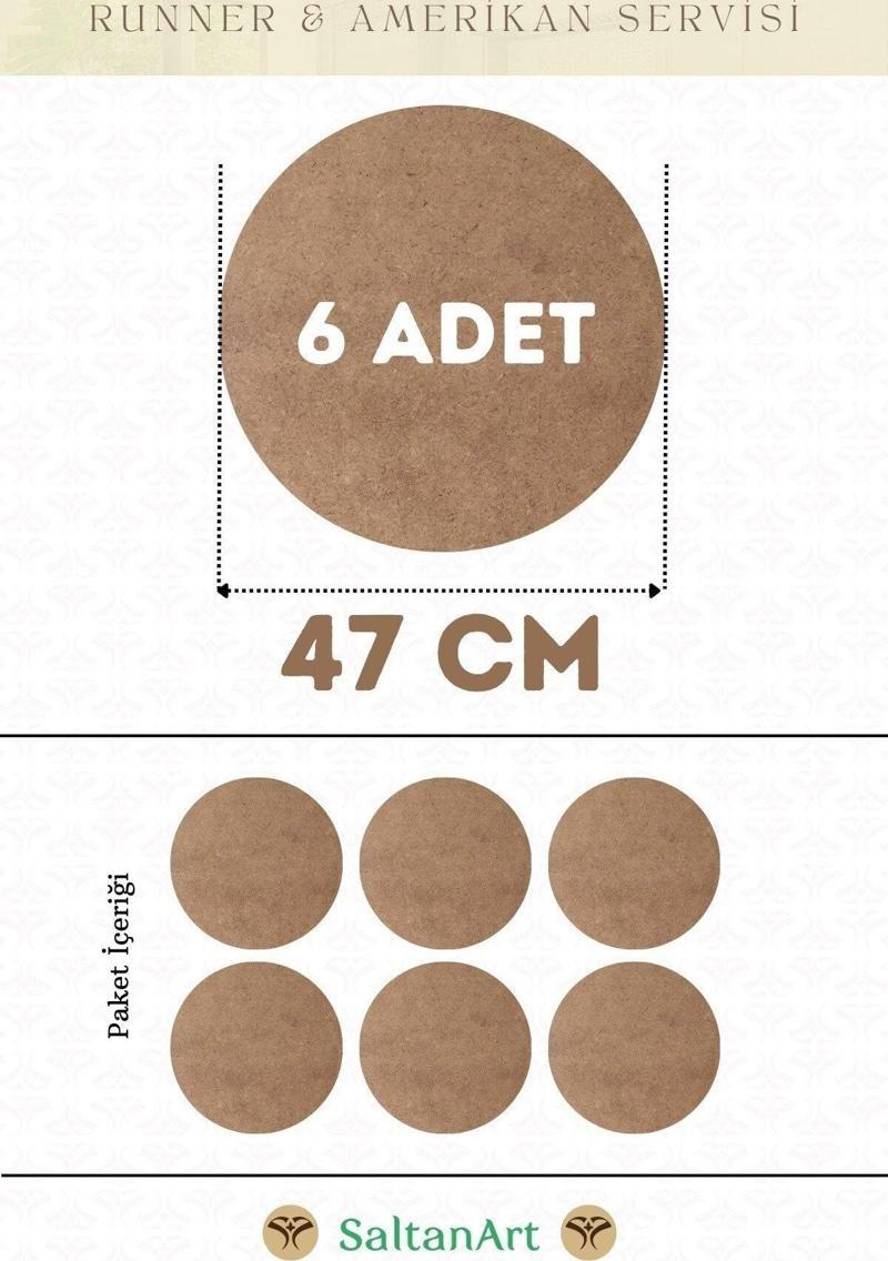 47 cm Çap 6 Adet Supla Amerikan Servis Runner MDF Duralit Magnet Altı Ahşap 3 mm (2,7 mm) Kalınlık