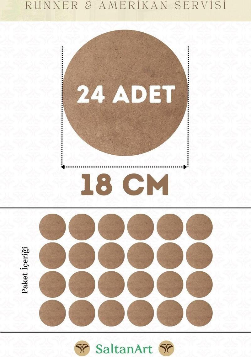 18 cm Çap 24 Adet Supla Amerikan Servis Runner MDF Duralit Magnet Altı Ahşap 3 mm (2,7 mm) Kalınlık